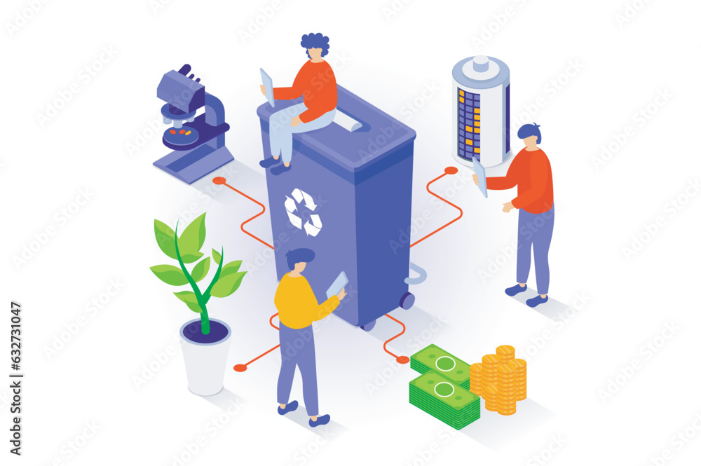 Leinwandbilder eco lifestyle concept in 3d isometric design. people collecting and separating garbage, recycle wast