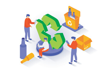 Eco lifestyle concept in 3d isometric design. People collecting and separating garbage in bins, recycle plastic bottles, zero waste and reuse. Vector illustration with isometry scene for web graphic