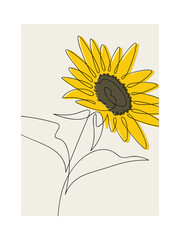 Vector bunch of sunflowers. Helianthus flower bouquet icon. Line continuous drawing. Linear floral illustration. Graphic design, outline print, beauty branding, card, poster, logo. Symbol of Ukraine.	