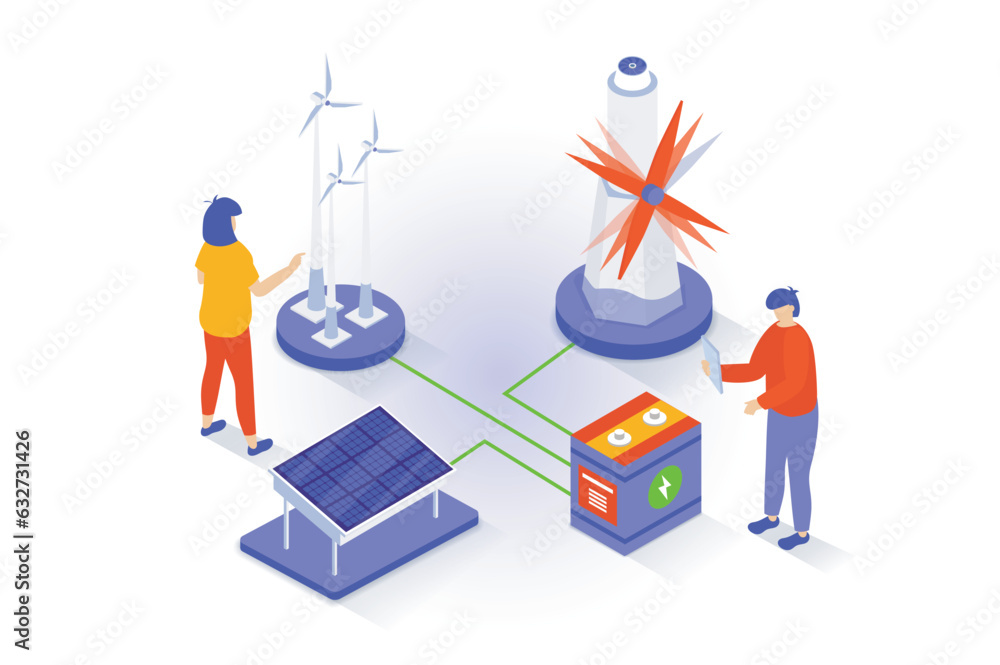 Poster eco lifestyle concept in 3d isometric design. people using wind turbines and solar panels for green 