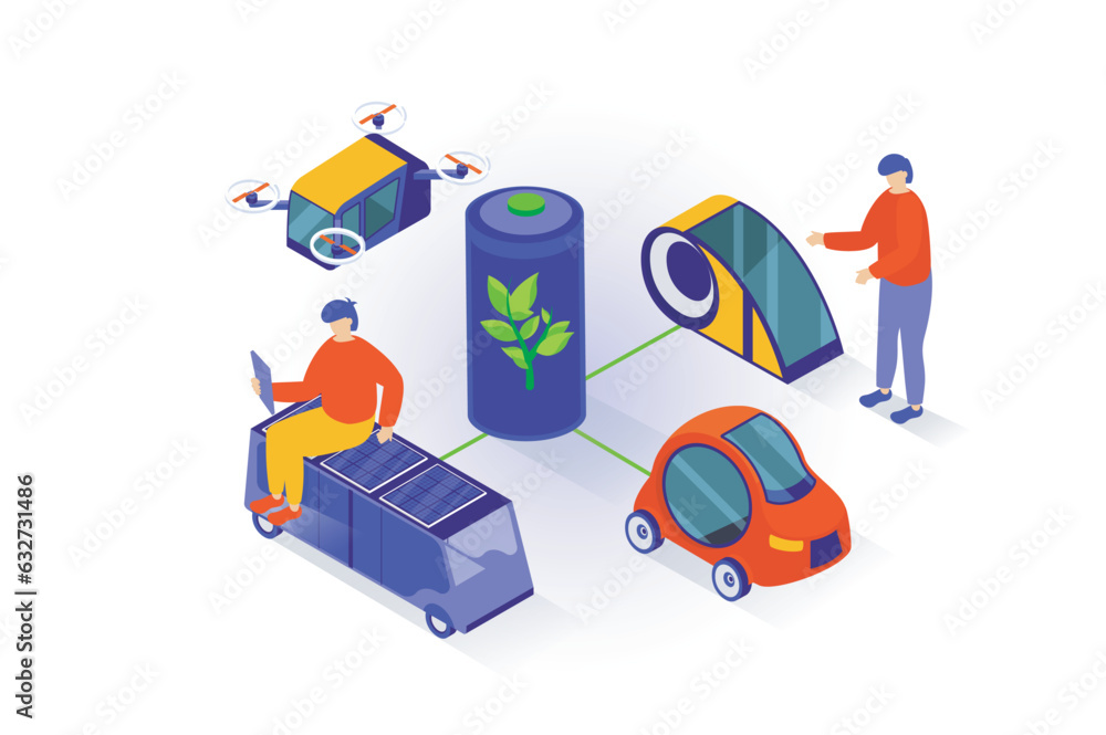 Poster Eco lifestyle concept in 3d isometric design. People using clean green energy with recharge battery for charging electric cars and drones. Vector illustration with isometry scene for web graphic