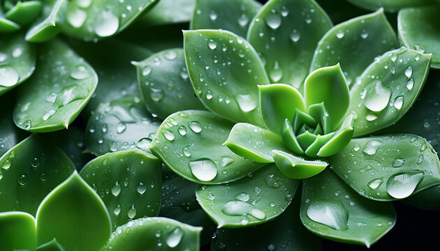 Close up of a green plant with water drops, succulent plant, background, created using generative AI tools
