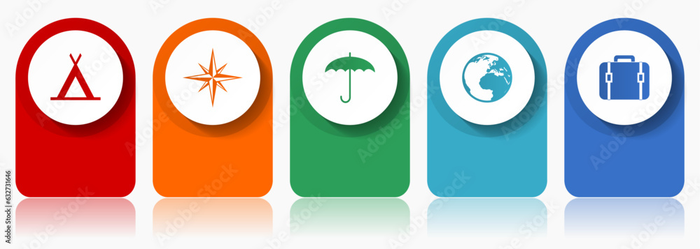 Poster adventure icon set, flat design miscellaneous colorful icons such as tent, navigation, umbrella, glo