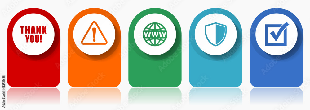 Aufkleber internet icon set, flat design miscellaneous colorful icons such as thank you, warning, www, shield 