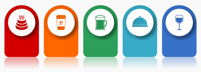 Food and drinks icon set, flat design miscellaneous colorful icons such as birthday cake, coffe, beer and drink for webdesign and mobile applications, infographic vector template in eps 10