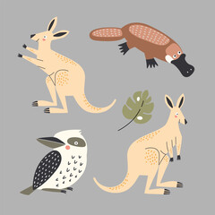 Set of vector illustrations of Australian animals in flat style: platypus, kangaroo and kookaburra bird.