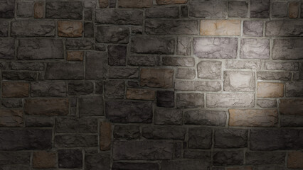 old stone wall, flashlight spot. realistic 3D rendering. illustration.