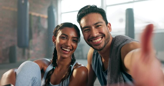 Happy Couple, Fitness And Selfie For Workout, Training Or Photography Together At The Gym. Man And Woman Smile For Photo, Memory Or Social Media Post After Exercise For Healthy Body Or Wellness