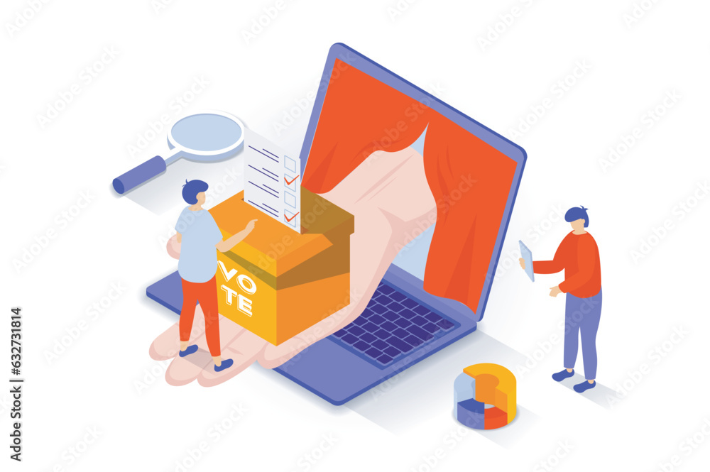 Poster election and voting concept in 3d isometric design. people vote in elections, put marked ballot in b