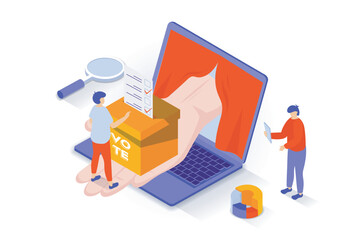 Election and voting concept in 3d isometric design. People vote in elections, put marked ballot in ballot box or leave their choice online. Vector illustration with isometry scene for web graphic