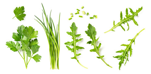 set / collection of fresh Mediterranean herbs: parsley, chives and arugula leaves and chopped pieces isolated over a transparent background, herbal food and cooking design elements, top view/flat lay - obrazy, fototapety, plakaty