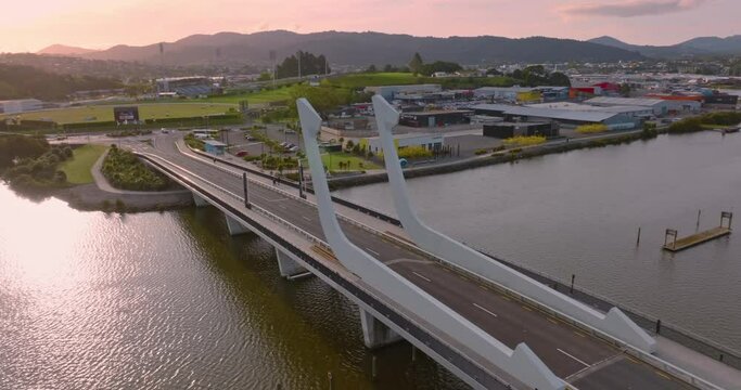 Aerial: Te Matau A Pohe Bridge crossing the Hatea River, Whangarei, New Zealand