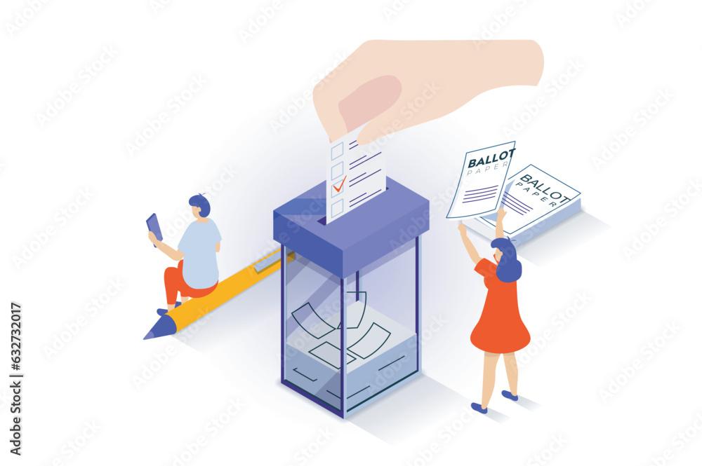 Poster election and voting concept in 3d isometric design. people vote in elections, putting ballot in box 