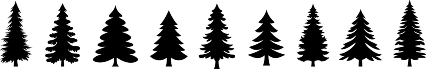 Set of Christmas tree vector black icon.Simple flat chriasmas tree collection .Pine tree.