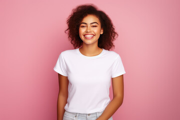 Fototapeta premium Young woman wearing white t-shirt mockup isolated on pink background. Generative AI.