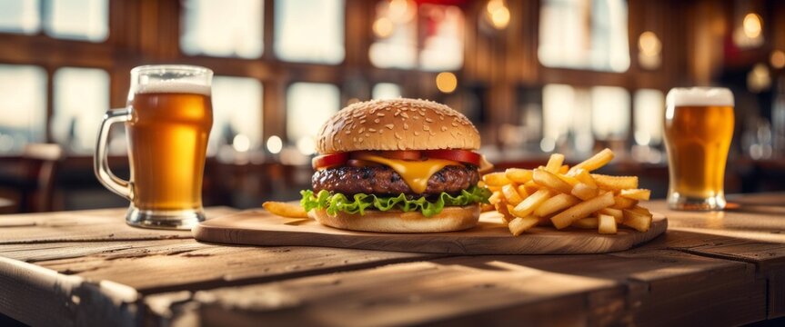 Big tasty burger and fries with beer on background on the wooden table