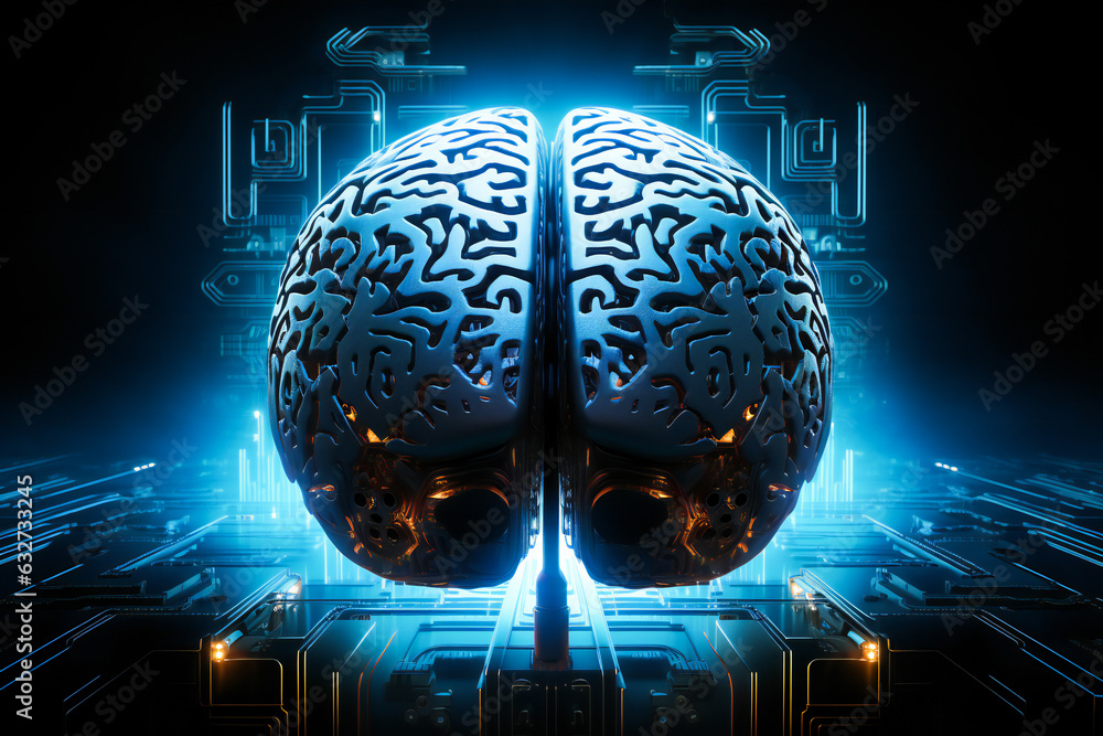 Aufkleber stylized brain over computer circuit. brain linked to computer and artificial intelligence concept.