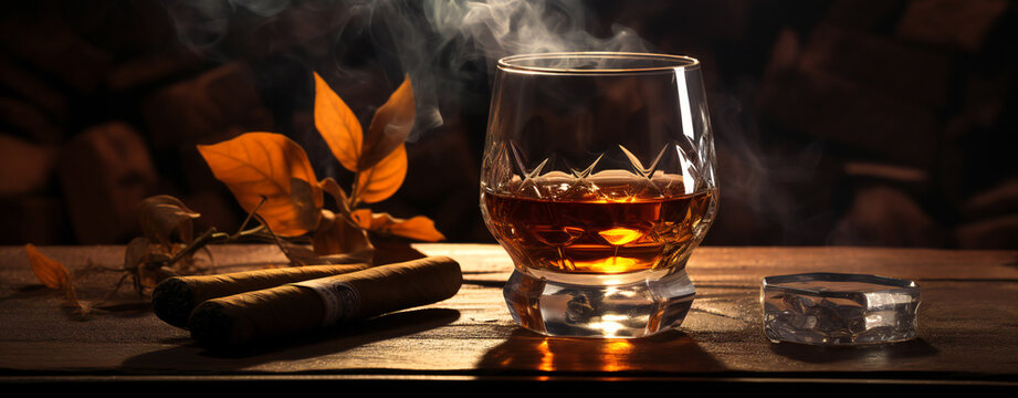 A glass of whiskey or bourbon with a cigar near it