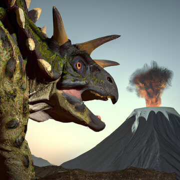 stegosaurus with erupting volcano in background.
