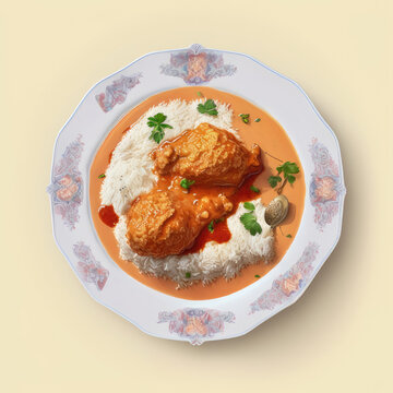 photorealistic Chicken Murgh malai Indian curry with rice.
