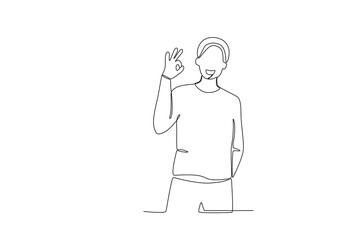 A smiling young man gave an okay pose. World smile day one-line drawing