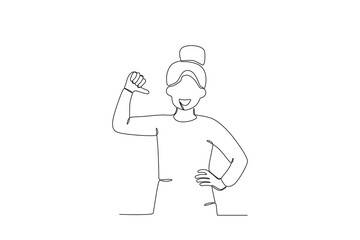 A woman smiled while pointing at herself. World smile day one-line drawing