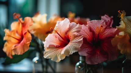 Tropical Hibiscus Bouquets of Flowers, bokeh 