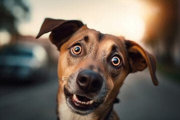 Funny closeup photo of a mixed breed dog tilting head with a happy and excited facial expression