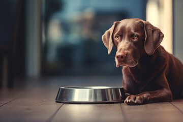 A chocolate Labrador Retriever dog lying next to an empty food bowl sitting on the floor inside a home