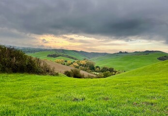 Obraz premium Tuscany green fields in autumn on the way to Gambassi Terme, Italy