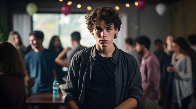 A teenager, showing signs of self-doubt and insecurity during a social event