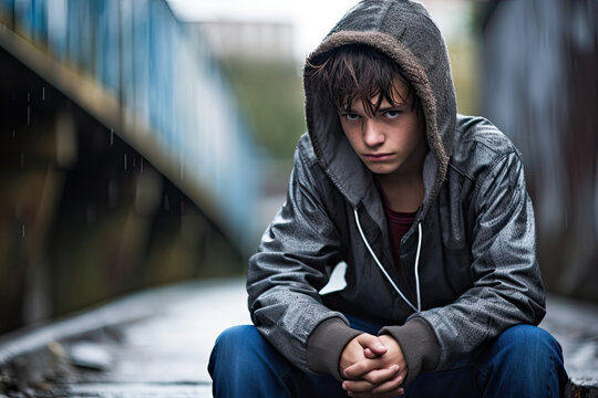 Sad depressed teenager sitting outdoors alone. Depression, loneliness, migration, poverty, family and school problems, communication difficulties, emotions in adolescence