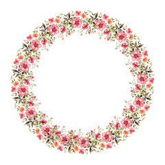 Wreath with colorful flowers, leaves and branches in vintage watercolor style. Vector circle frame