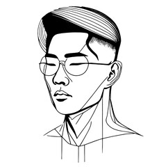 Handsome Asian man with glasses. Vector illustration. Line art. Minimalism