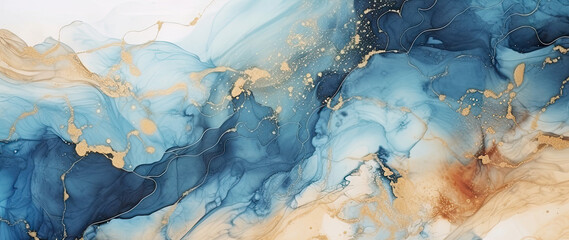 Marble ink abstract art background. Luxury abstract fluid art painting in alcohol ink technique, mixture of blue, orange and gold paints. AI generative