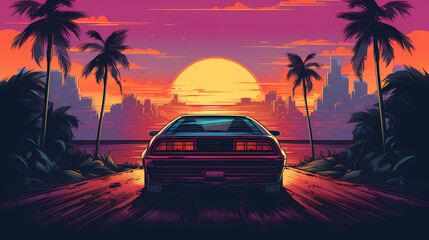 60s 70s 80s car retro design with sports car and sunset view. cyberpunk style, road, vehicle, auto, automobile, sky, beach, drive, travel, speed, fast, driving, sunset, landscape, motion, highway