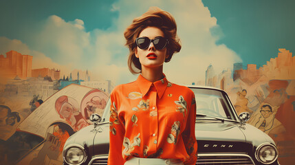 60s retro style woman fashion portrait, old car, woman, car, fashion, people, person, vintage, beauty, model