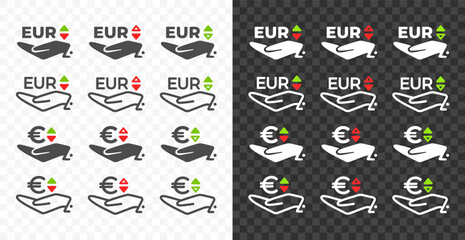 Hand and european euro, EUR with up and down arrow currency exchange rate vector design. Foreign currencies and exchange rates value graphic design. Currency trade chart icons