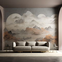 A serene living space with an ethereal mountain wall mural.