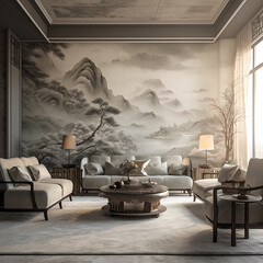 Luxurious living room with mountain mural.