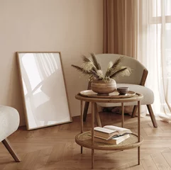 Fototapete Boho-Stil Home mockup, living room in Japandi style, 3d render