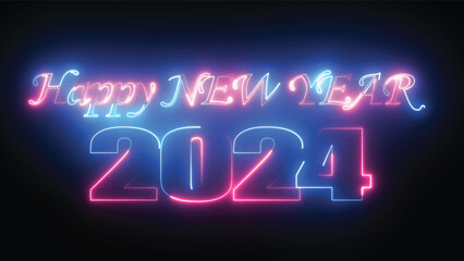 Neon bright text Happy New Year 2024. Lettering text for Happy New Year. Holiday design for flyer, greeting card, banner, celebration poster, party invitation or calendar.