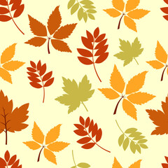 Vector seamless pattern with autumn leaves in orange, red, brown, green and yellow colors. Ideal for wallpaper, gift paper, fill drawings, web page backgrounds, autumn greeting cards.