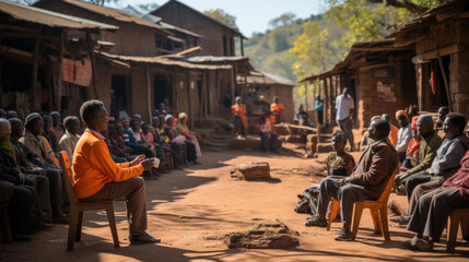 Residents of Saint-Louis, Senegal sit together at meeting in african village. - obrazy, fototapety, plakaty