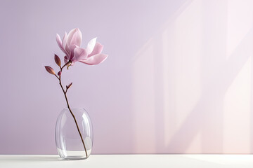 Beautiful pink magnolia flower in transparent glass vase standing on white table, sunlight on pastel pink wall