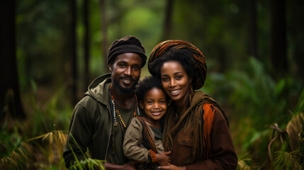 Portrait of a happy African family with a child in the forest Matemwe, Zanzibar.