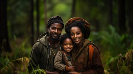 Fototapete Zanzibar Portrait of a happy African family with a child in the forest Matemwe, Zanzibar.