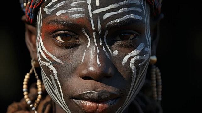 Close-up portrait of a beautiful african tribal woman with black skin and face painted with white paint. Ruhija, Uganda.