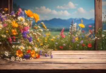 Fototapeta na wymiar Wildflowers and wooden table background