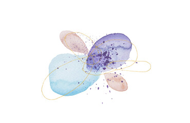 Abstract texture Watercolor flower with drops and doodle gold line elements on white background.